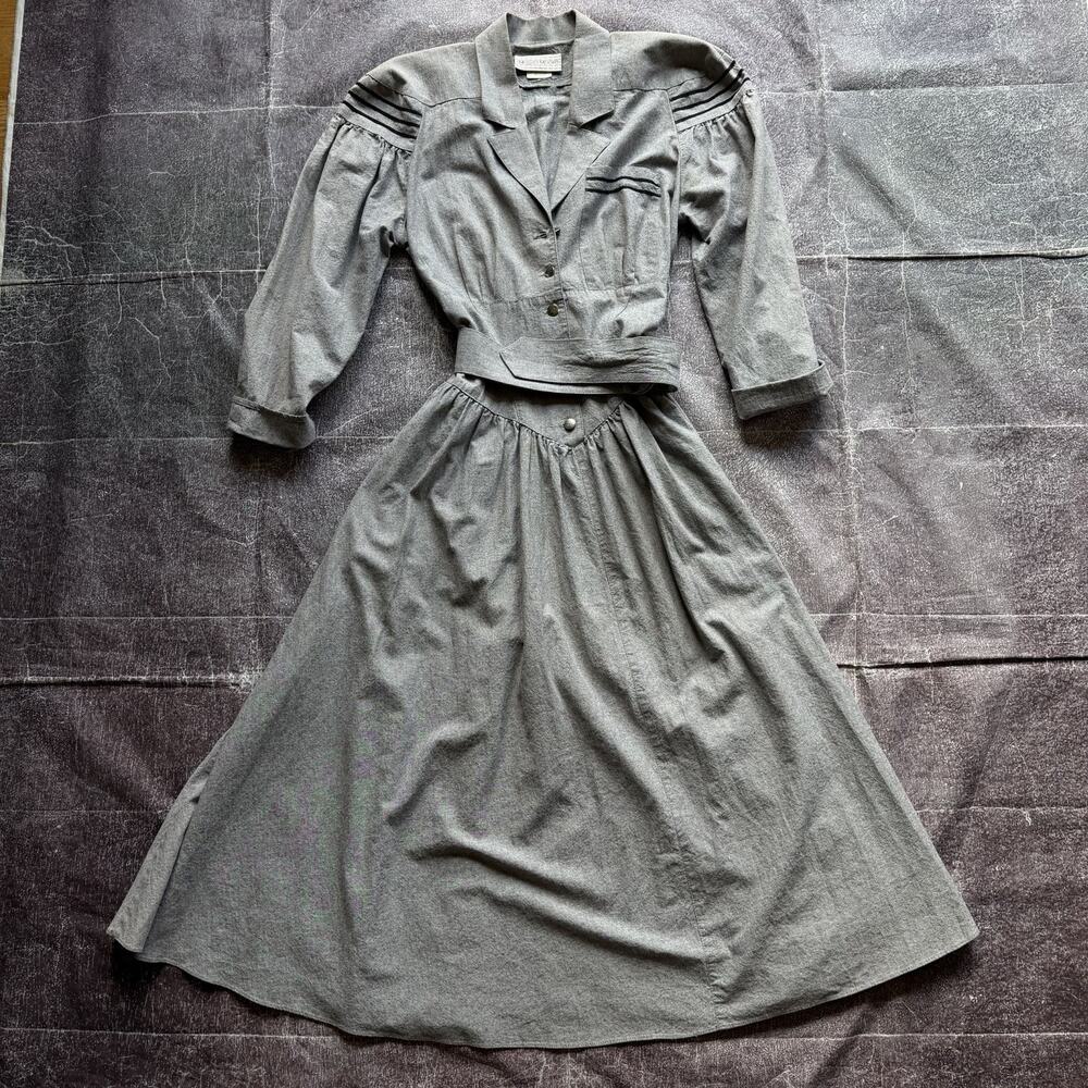Women's Vintage 80's Megan Moore USA Denim Gray Black Belted Midi Dress Sz 8 (M)